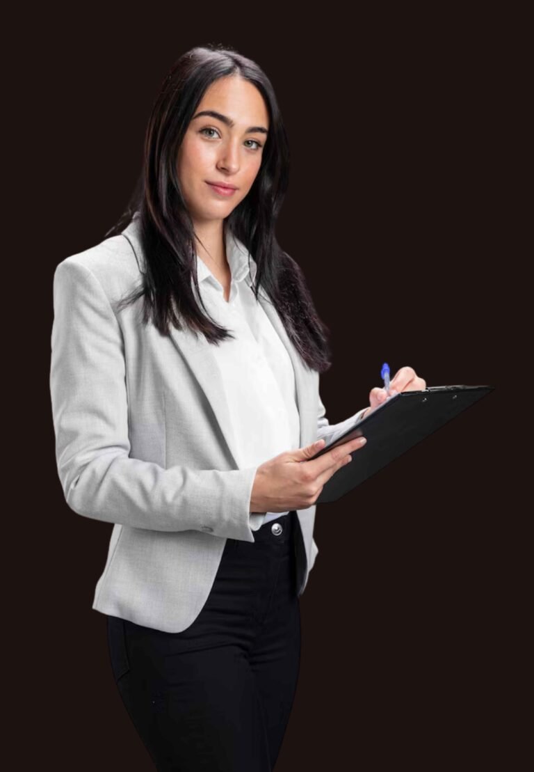 business woman standing with pen and register