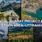 Collage of Uttarakhand landscapes including Kedarnath Temple, mountain rivers, valleys, and towns. Text overlay: 'Digital Bharat Project by Cynextgen Area – Uttarakhand