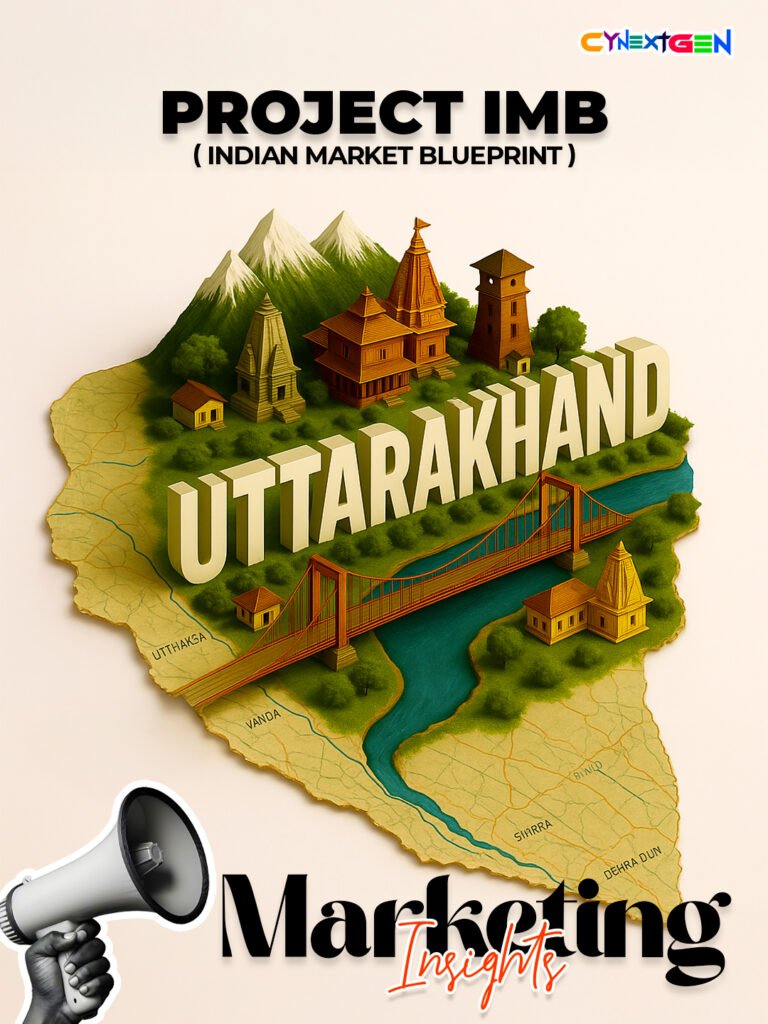 Creative 3D map illustration of Uttarakhand with temples, mountains, and a suspension bridge. Text reads 'Project IMB (Indian Market Blueprint) – Uttarakhand' by Cynextgen