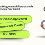 Illustration of a person standing beside colorful SEO letters with magnifying glass and gear, alongside text “Best Free Keyword Research Tools for SEO.