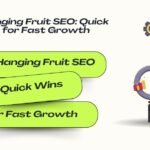 Infographic with the title 'Low-Hanging Fruit SEO: Quick Wins for Fast Growth' showing a character beside large SEO letters and magnifying glass graphic.