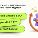 Infographic titled “10 Best Onsite SEO Service Tips to Rank Higher” featuring green text blocks and a purple SEO gear icon with circular arrows, representing search optimization.