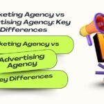 Infographic comparing Marketing Agency vs Advertising Agency with bright green text blocks and megaphone graphics highlighting key differences.