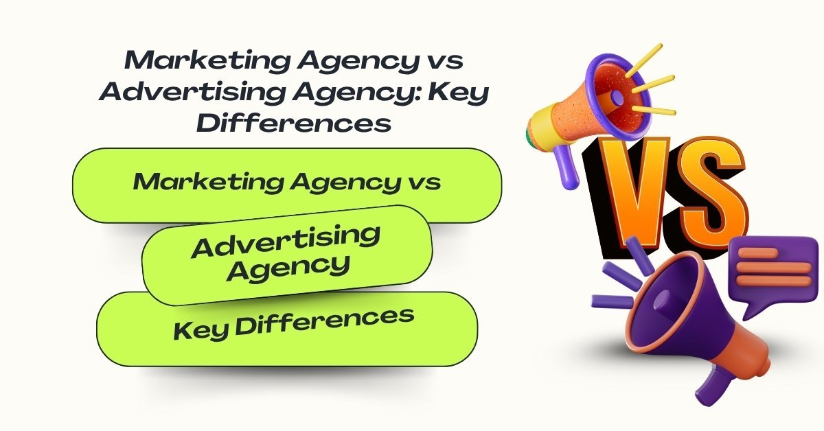 Infographic comparing Marketing Agency vs Advertising Agency with bright green text blocks and megaphone graphics highlighting key differences.