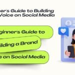 A Beginner’s Guide to Building a Brand Voice on Social Media graphic with 3D character holding megaphone and smartphone.