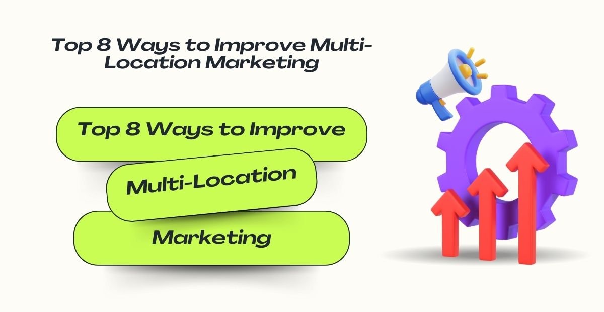 Banner showing the title “Top 8 Ways to Improve Multi-Location Marketing” with stacked green labels and marketing growth icons including a gear and upward arrows.
