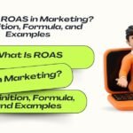 Banner showing the headline “What Is ROAS in Marketing? Definition, Formula, and Examples” with a 3D character holding a megaphone emerging from a laptop.