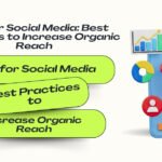 SEO for social media illustration showing a smartphone with megaphone, analytics charts, and engagement icons representing strategies to increase organic reach.