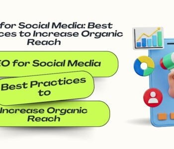 SEO for social media illustration showing a smartphone with megaphone, analytics charts, and engagement icons representing strategies to increase organic reach.