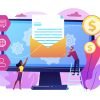 Cusromer receiving automated marketing message, tiny people. Marketing automation system, automated advertise message, marketing dashboard concept. Bright vibrant violet vector isolated illustration